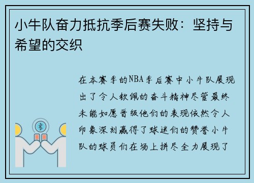 小牛队奋力抵抗季后赛失败：坚持与希望的交织